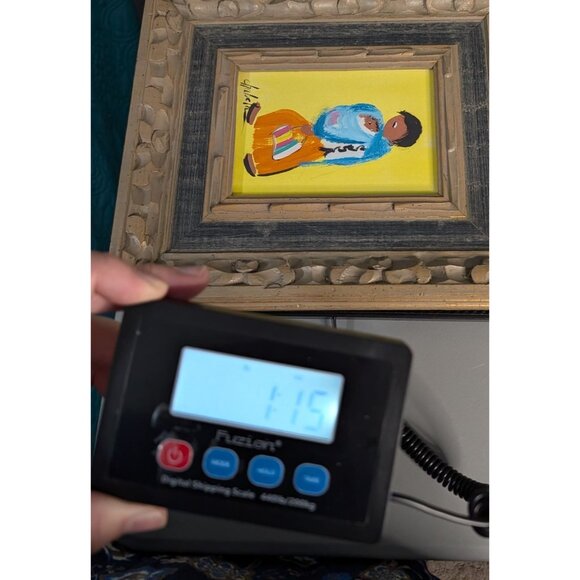 Signed "Chabela" Oil Painting on Board Woman Child Colorful Bag Ornate Frame - Picture 11 of 11